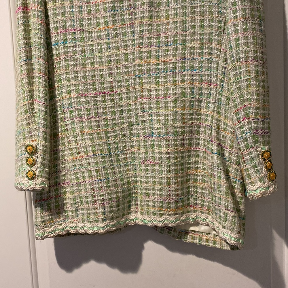 Looks like designer  Pastel Tweed Jacket w/ green trim on  edges;pretty buttons. - Picture 4 of 4